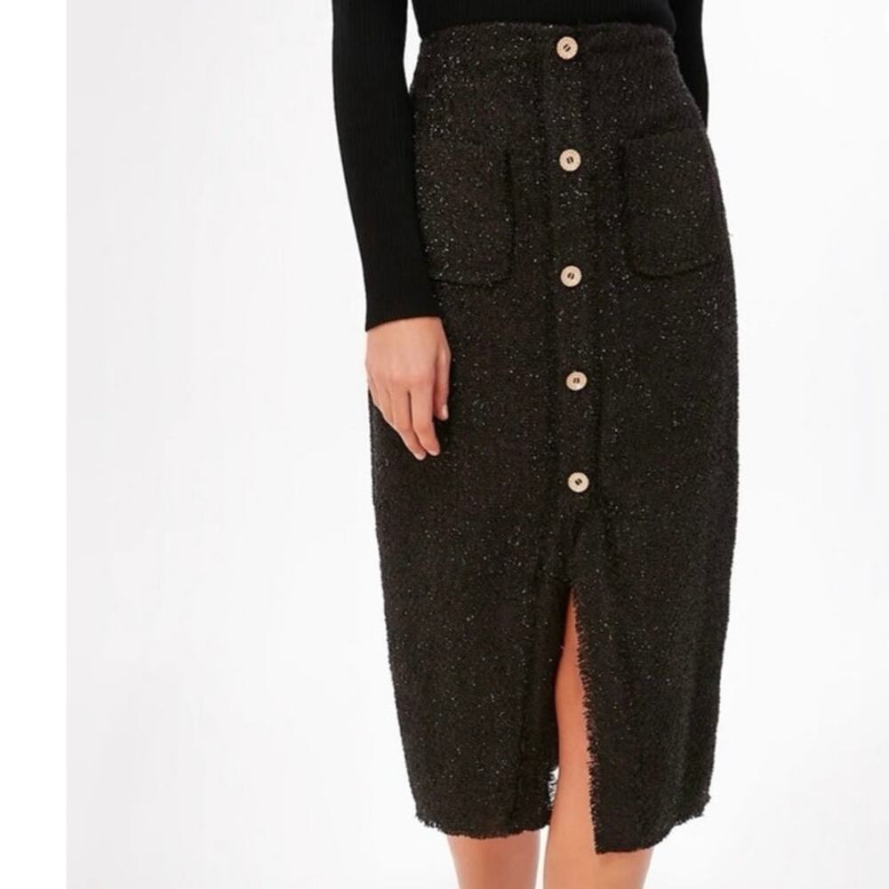 Tuckernuck Pomander Place XL Black Tweed Laurelle Midi Skirt Gold Front Buttons